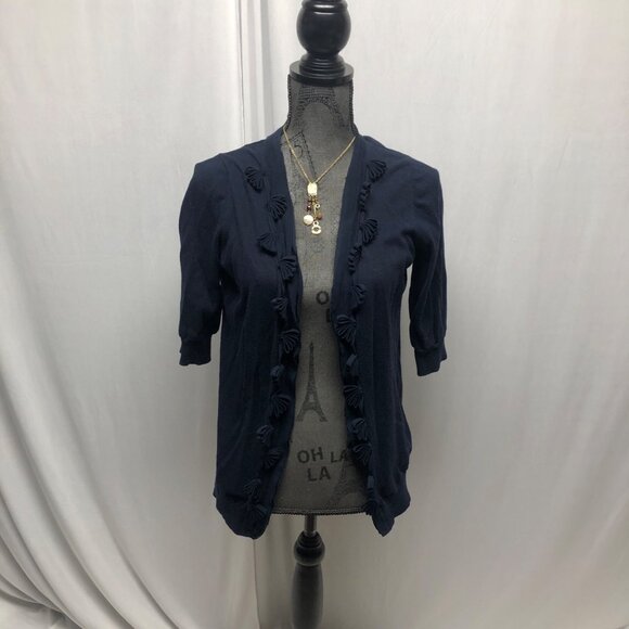 Ann Taylor Loft Cardigan Womens Size Medium Navy Blue Open Front 3-D Floral Trim - Picture 1 of 7